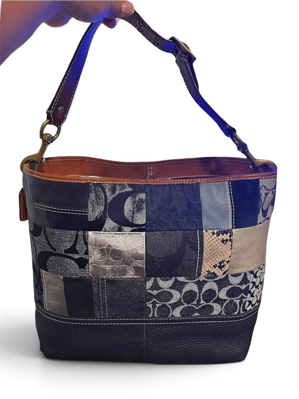 Coach Patchwork Hobo Bag in Black and Gray with Metallic Accents